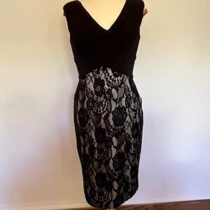 Adriana Papel cocktail dress with ruched neckline and lace overlay